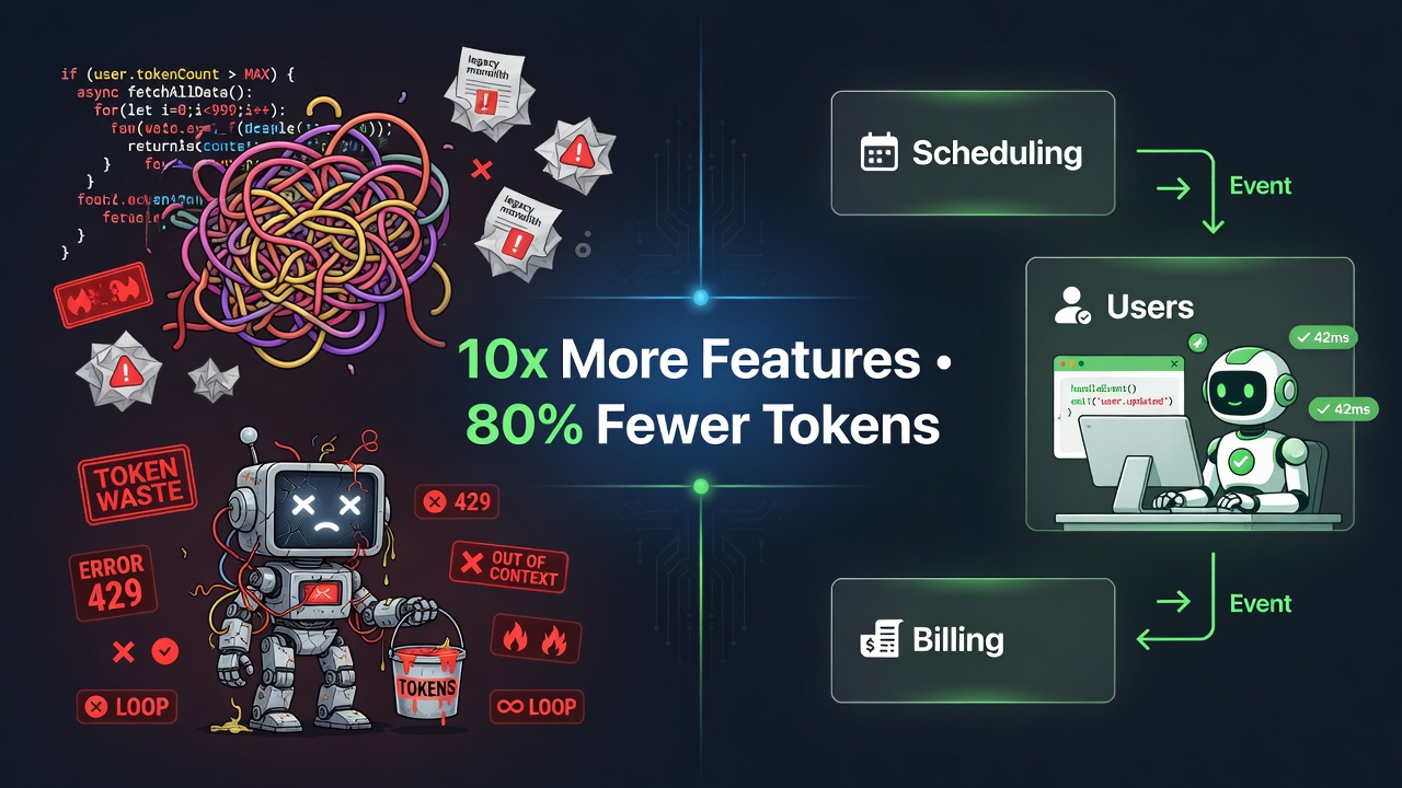Split illustration: left side shows chaotic monolith code with a confused AI agent burning massive tokens; right side shows clean domain boxes connected by events with an efficient AI agent and a '10x features, 80% fewer tokens' callout.